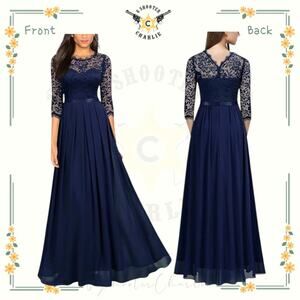 NWT Miusol Dark Navy Blue Lace Bodice Long Maxi Evening Formal Dress Size Small